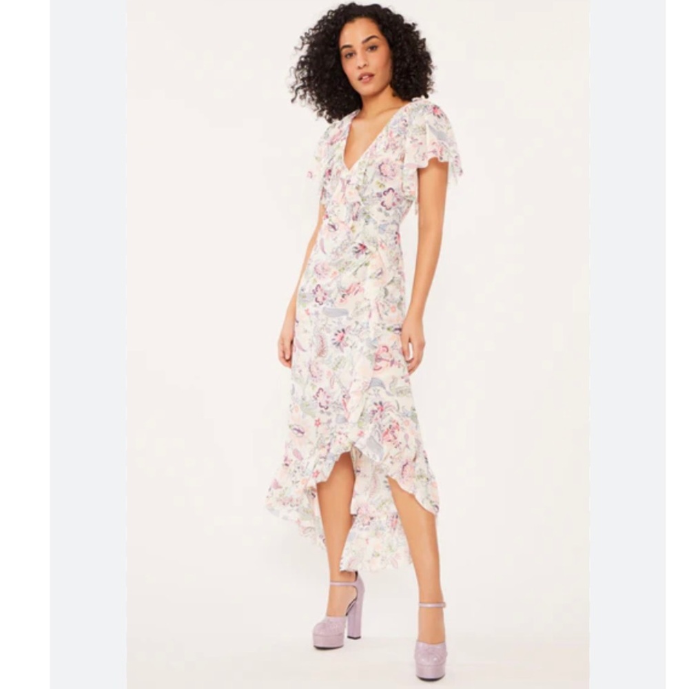 cinq a sept White Floral V-Neck Ruffle Midi Dress